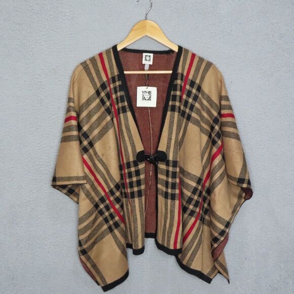 Anne Klein Camel Sleeved Poncho Sweater Cardigan Small Brown Plaid NEW w FLAW - Picture 2 of 11